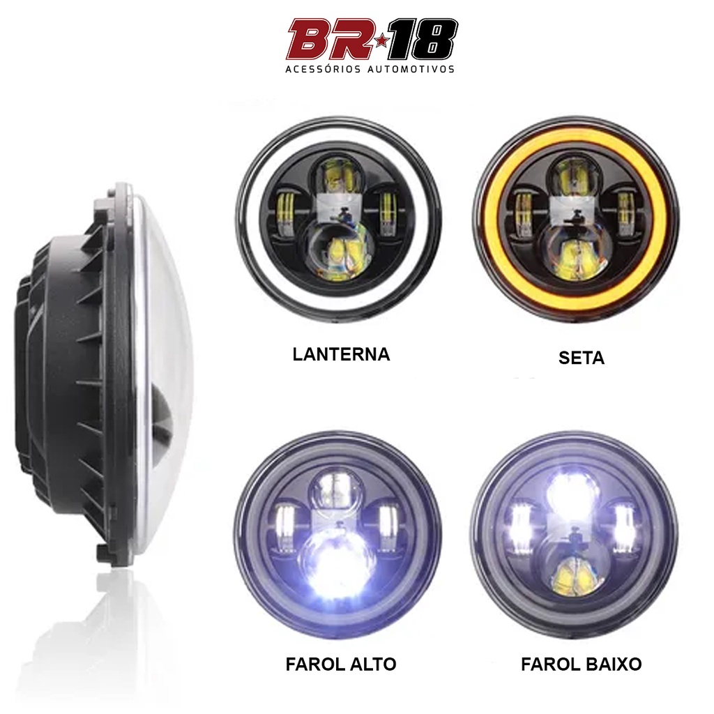 Farol Projetor Universal Led 7 Polegadas Angel Eyes Com Seta Laranja e DRL