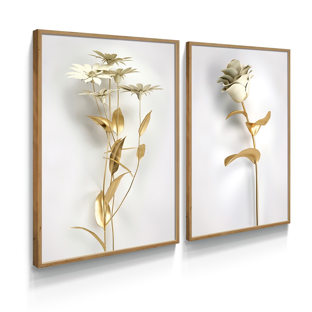 Quadro Decorativo com Moldura e Vidro Tamanho A3 Flores Douradas  Minimalista 3D Sala Quarto