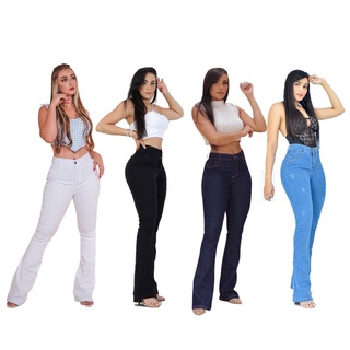 Kit 4 Calça Flare Feminina Jeans Com Licra Levanta Bumbum Azul  Marinho-Branco-Preto-Azul Escuro Amaciado (36, Azul  Marinho-Branco-Preto-Azul Escuro Amaciado)