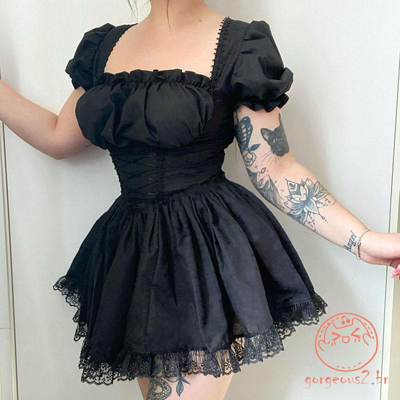 Chy-Y2K Mini Vestido Gótico Feminino Vintage De Cintura Com Laço E