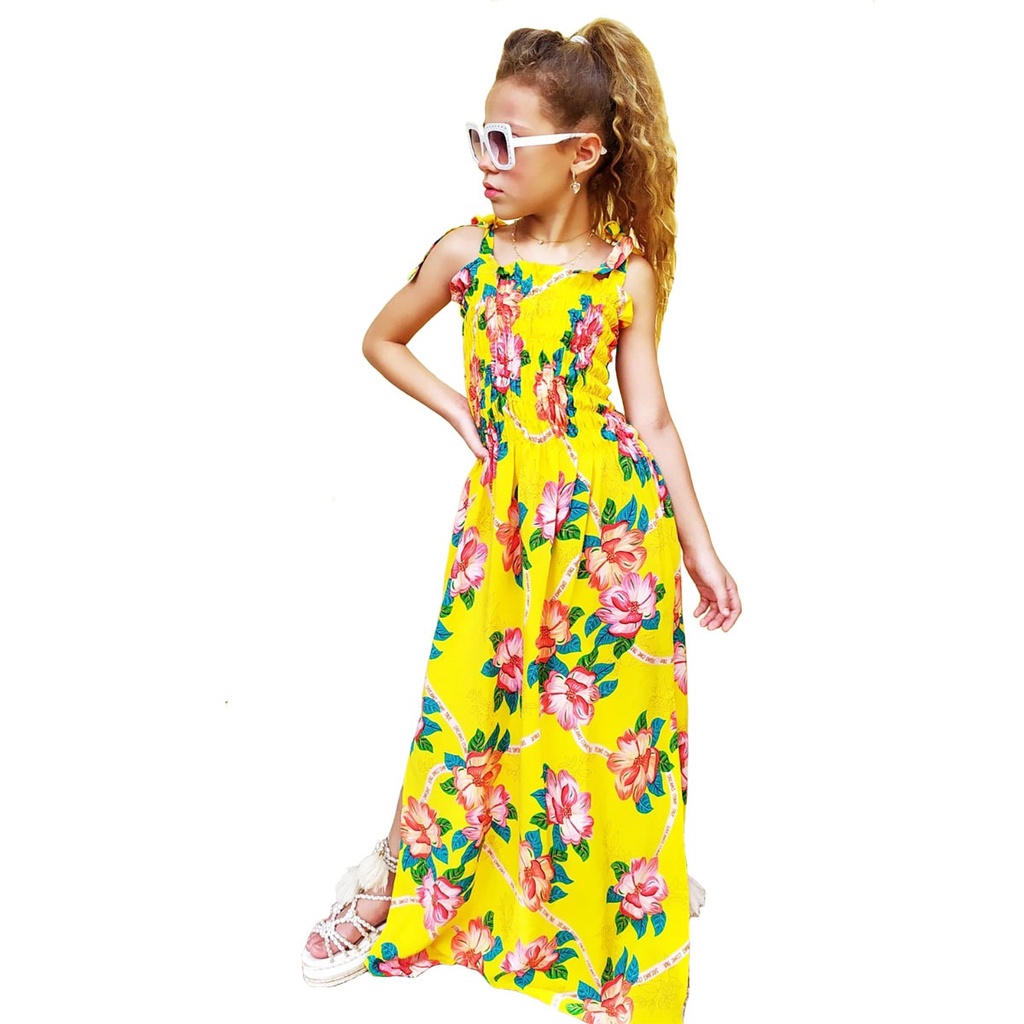 Vestido Infantil Longo Juvenil Alças Em Viscose Floral Verão