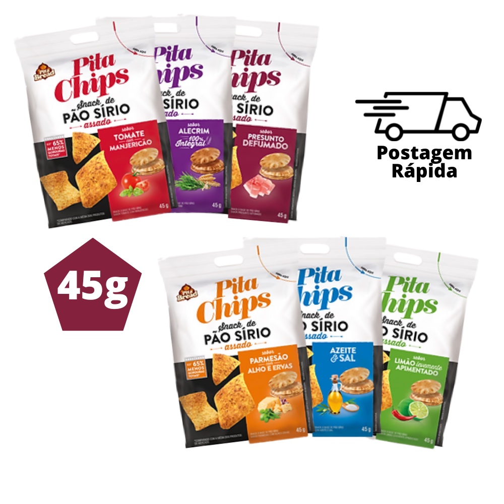 Kit 6 Pita Chips com 45g cada Salgadinho de Pão Pita Assado