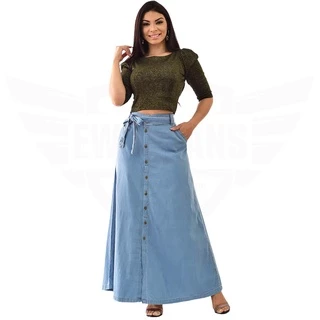 Saia Longa Jeans com Cinto e Botões Frontal - EWF - Azul Claro (Moda Evangélica)