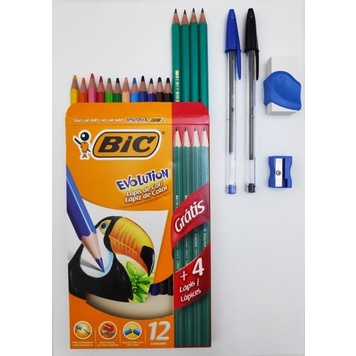 Kit Escolar, BIC, 12 Lápis de Cor + 4 Lápis Preto Evolution + 2 Canetas  Cristal Dura + 1 Borracha + 1 Apontador