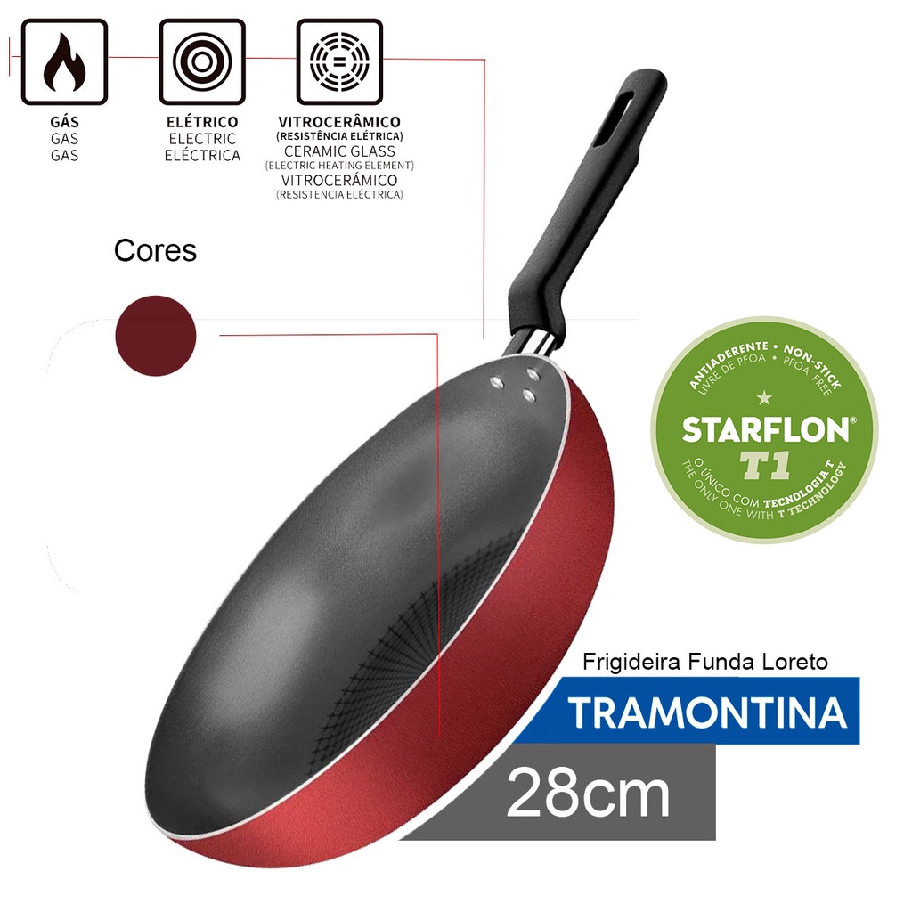 Frigideiras Funda Tramontina Loreto com Revestimento Interno Antiaderente Starflon T1 Vermelha – 28 cm