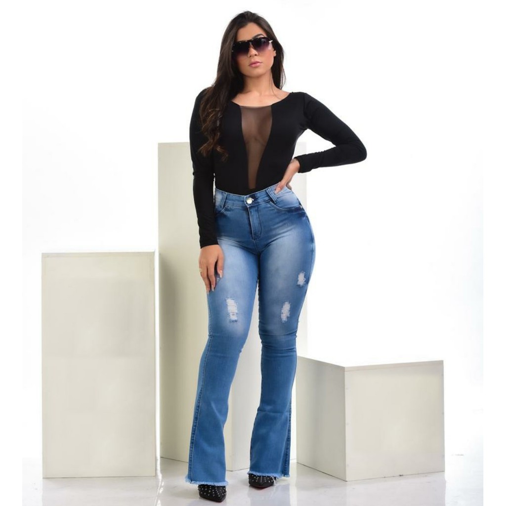 Calça Flare Feminina Com Nervura Jeans Com Licra Cintura Alta 14