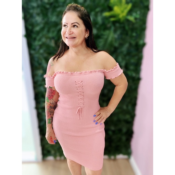 Vestido tricot modal rosa claro estilo tubinho detalhes frontal