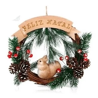 Guirlanda Enfeite de Natal 23 Cm c/ Placa Pinha Laço e Esquilo Decoração Natalina