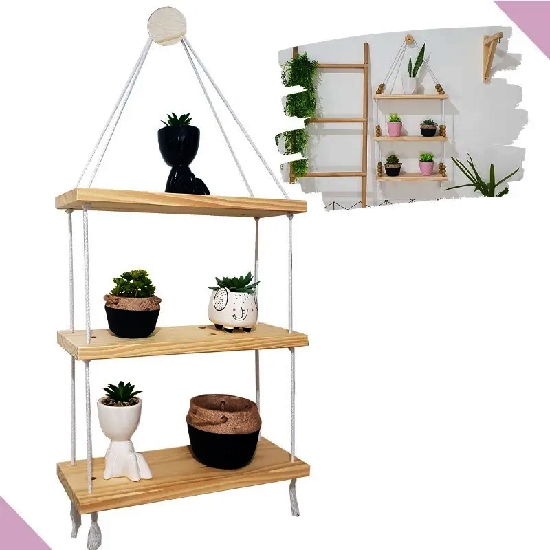Prateleiras Madeira Suspensa Para Plantas, Quarto, Cozinha, Corda 100% ...