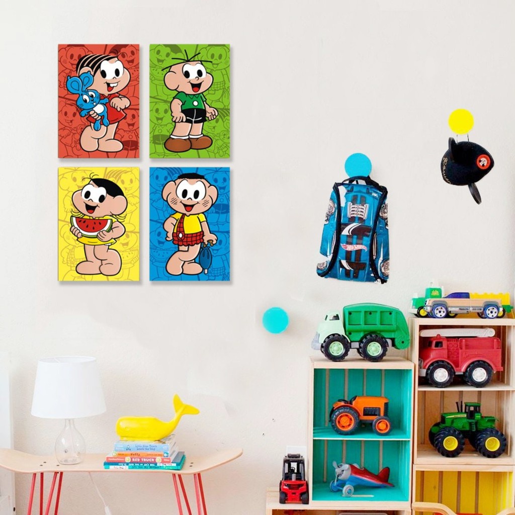 Quadro Decorativo 4 Peças 20x30 Turma Da Mônica Cebolinha Magali Cascão Para Quarto Infantil 4555