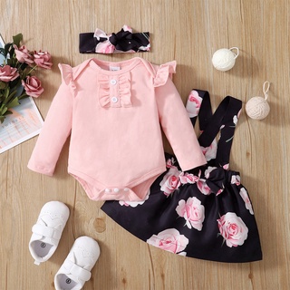 Conjunto De Roupas Para Bebês Recém-Nascidos Romper Manga Comprida + Saia Floral Suspender Com Fita De Cabeça Moda 3PCS
