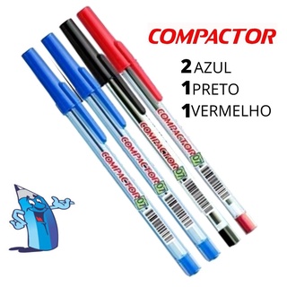 Kit Caneta Compactor 07 Bico Fino 2 Azul 1 Preto 1 Vermelho Escrita Macia e Suave Tinta Especial que Desliza