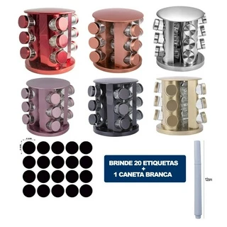 Porta Tempero Condimentos Inox Giratório 12 Potes Acompanha 20 Etiquetas + 1 Caneta Branca
