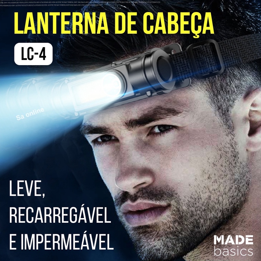 Lanterna Led de Cabeça Leve, Potente, Recarregável e à prova d'água Multiuso