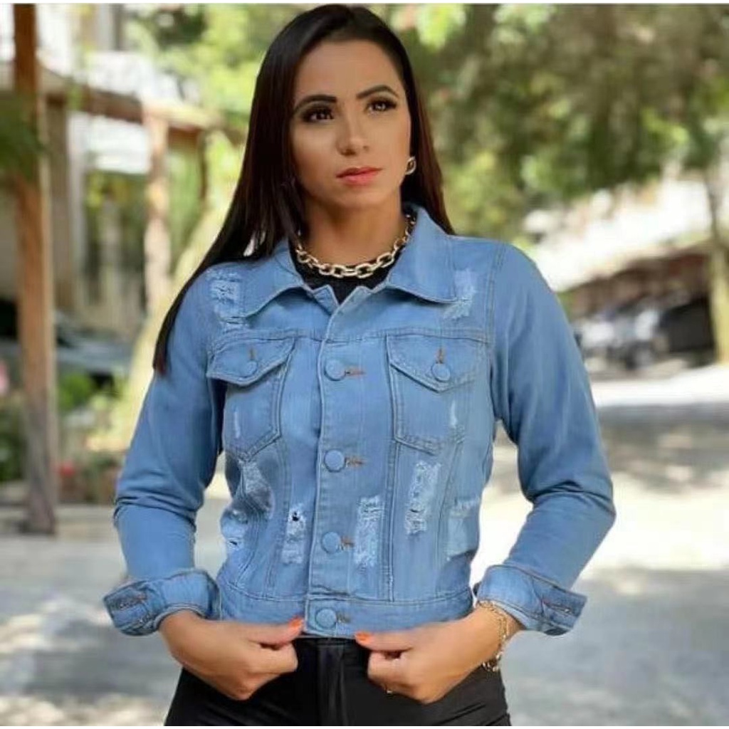 Jaqueta Jeans Feminina Curta Botão Forrado Moda