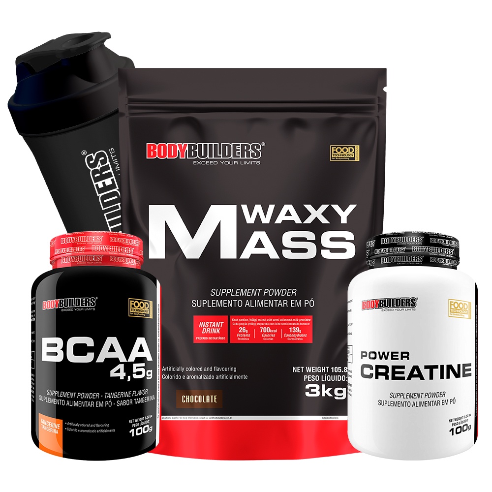 Kit Whey Waxy Mass 3kg + BCAA 100g + Creatina 100g + Coqueteleira ...