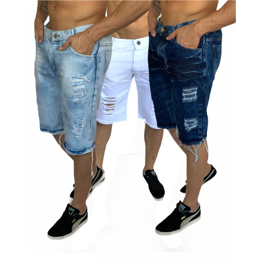 bermuda jeans masculina rasgada kit com 3 Jeans Clara, Branca e Escura