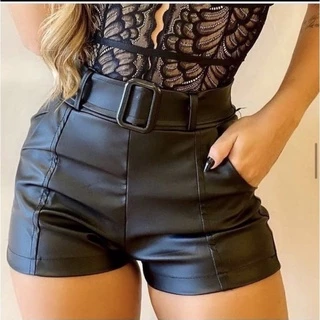 Short Cirre Couro Fake no tecido cirre Cintura Alta Curto Cinto Ajustavel