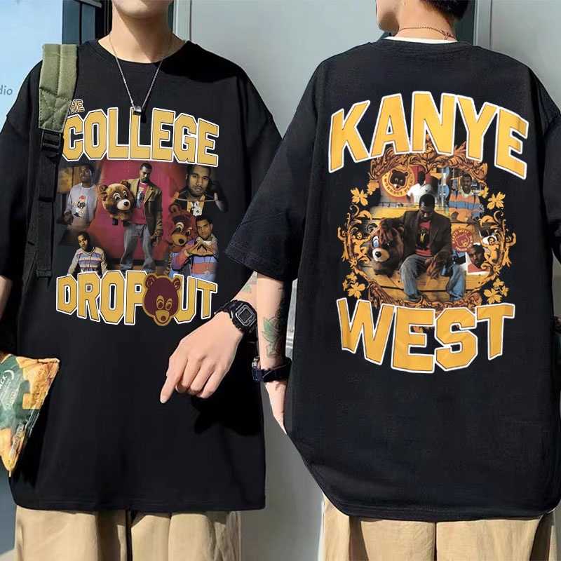 Rapper Kanye West College Dropout Música Álbum Urso Logotipo Estampa Camiseta Masculina Legal Homens Mulheres Hip Hop Preta Tamanho Grande