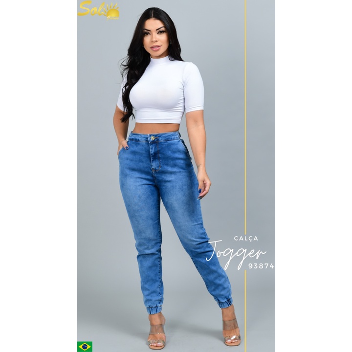 Pokiha-Calça jeans feminina de cintura alta, bolsos laterais