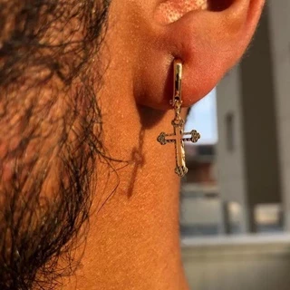 Brinco de Argola com Cruz de Ouro 24k Crucifixo Vazado Masculino Banhado em Oferta na Shopee