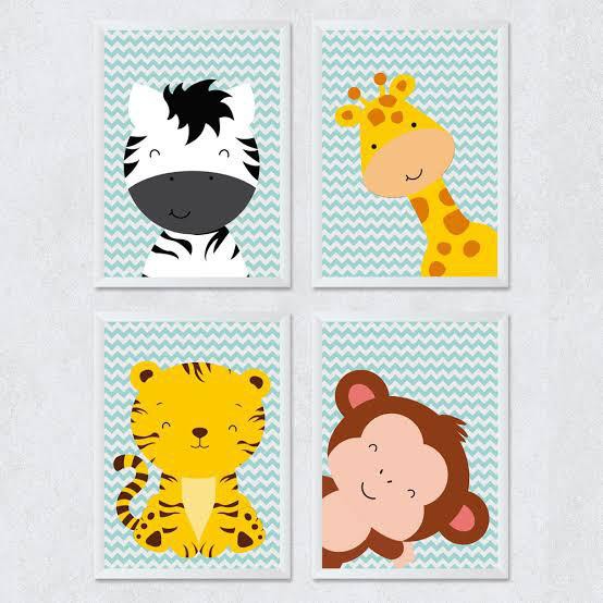 Kit QUadros Decorativos Mosaico 4 Peças Frase Safari Personalizado Desenho  Leão Elefante Zebra Macaco Girafa Zoológico Infantil Criança Abstrato