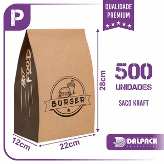 Sacos Kraft Para Delivery - P (22x12x28) - 500 unidades - FastFood, Delivery, Lanche, Burger