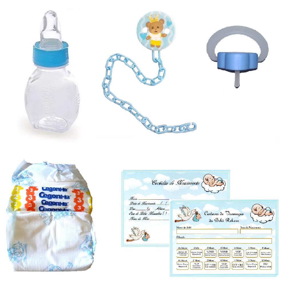 Kit Acessórios Para Bebe Boneca Reborn Menino Azul - Fralda Certidão Vacina  Mamadeiras