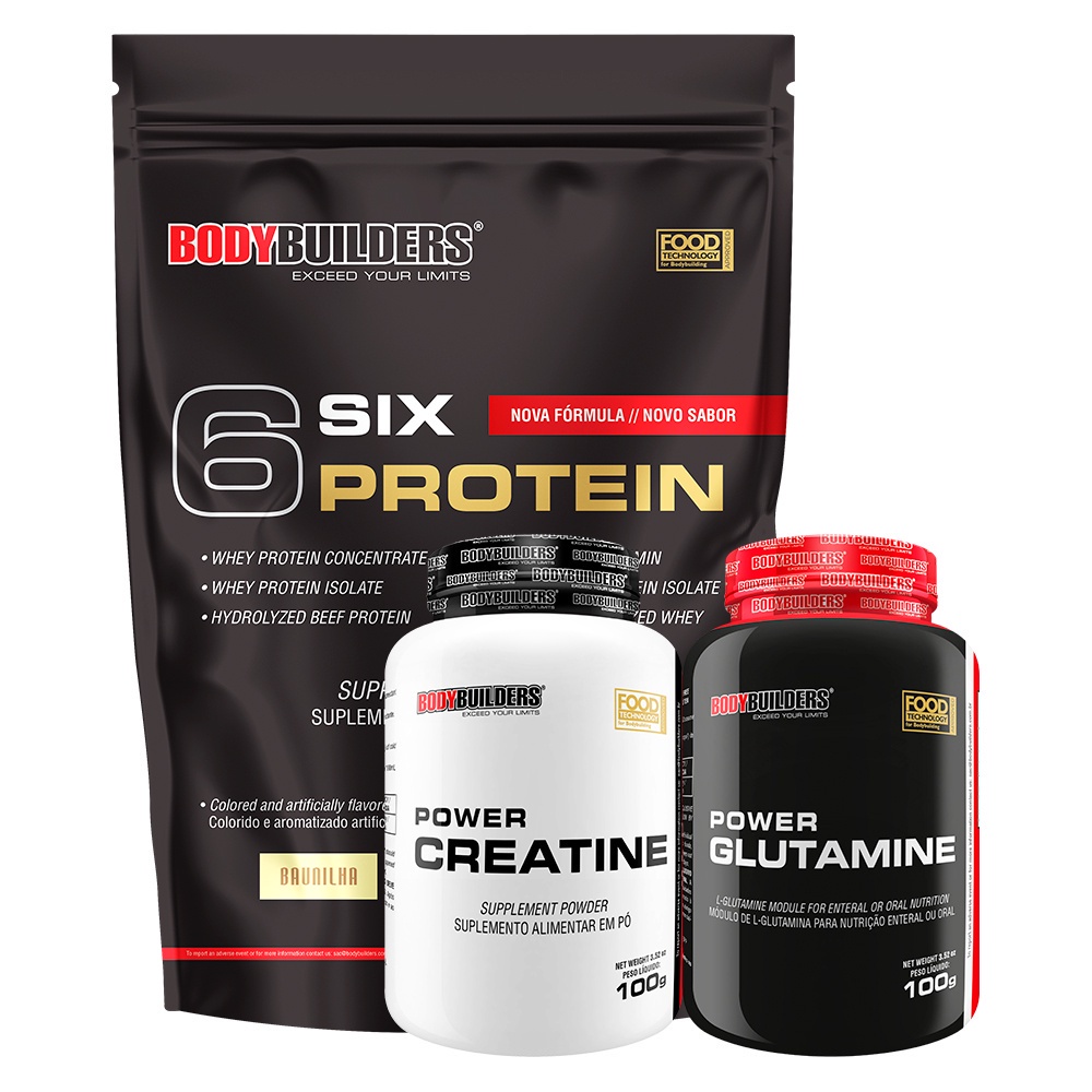 Kit 6 Six Protein 2kg Power Creatina 100g Power Glutamina 100g