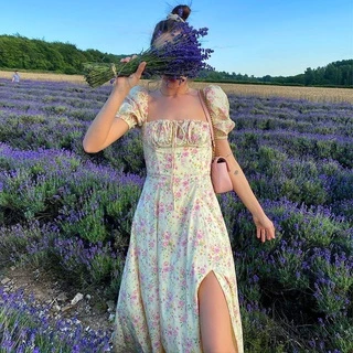 Women's French Hipster Style Floral Slim-Fitting Sleeveless Split Dress