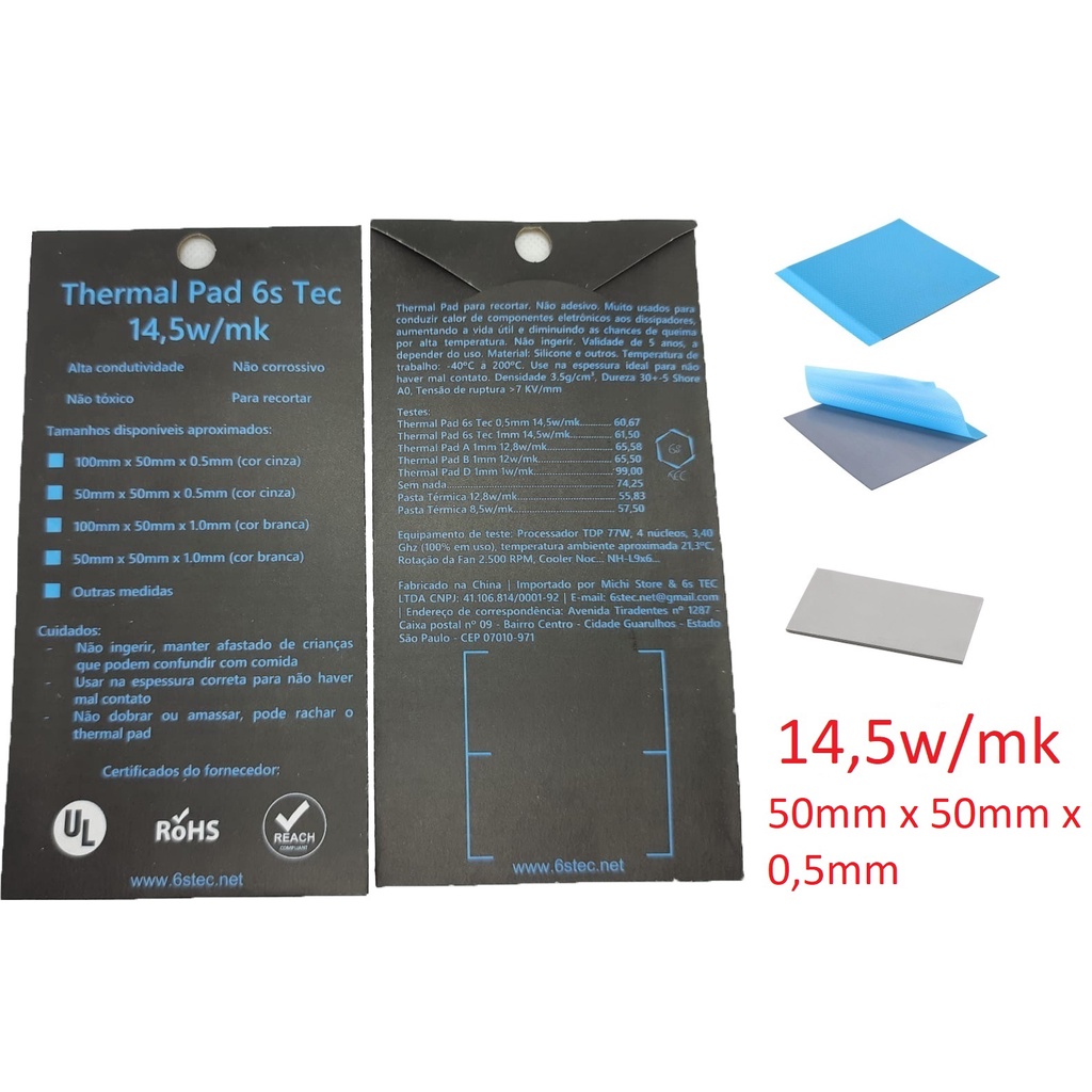 Thermal Pad Térmico 50mmx50mm X 0,5mm P/ Recortar 14,5w/m.k 6s Tec
