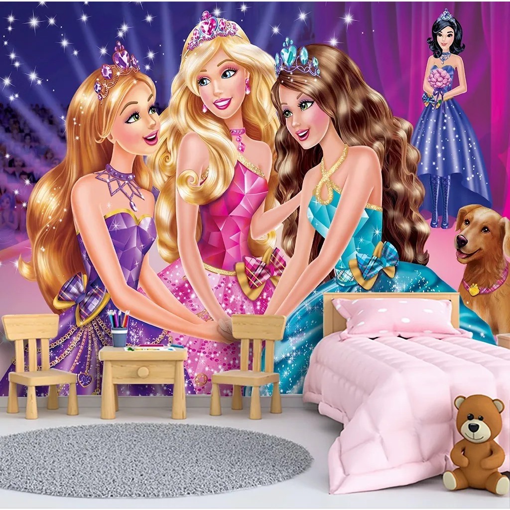 Papel de Parede Infantil Quarto de Menina Tema Barbie Amigas Rosa Luxo