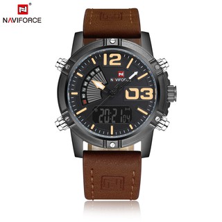 Relógio de Pulso Analógico Digital Masculino Quartzo Esportivo Militar Couro Dual Time Naviforce NF9095M 9095