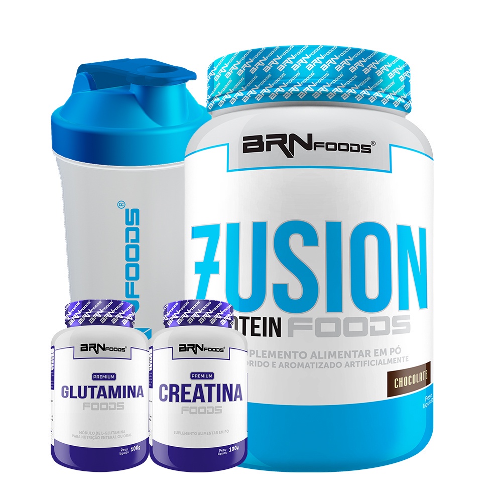 KIT Whey Protein Fusion Protein 900g + PREMIUM Creatina 100g + PREMIUM Glutamina 100g + Coqueteleira – BRNFOODS