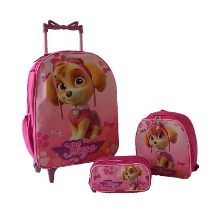 Kit Mochila Infantil Skye Patrulha Canina de Rodinhas + Lancheira + Estojo Rosa