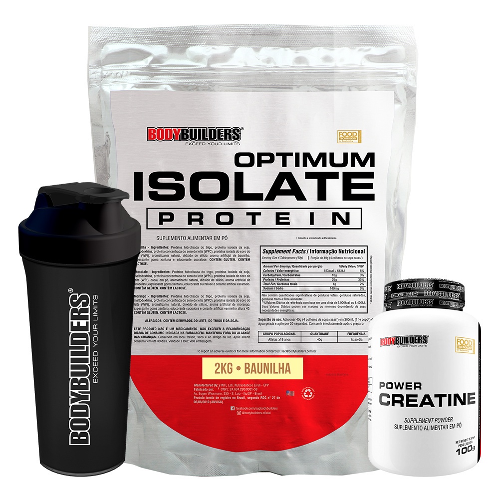 Kit Optimum Isolate Whey Protein 2kg, Power Creatina 100g, Coqueteleira – Bodybuilders