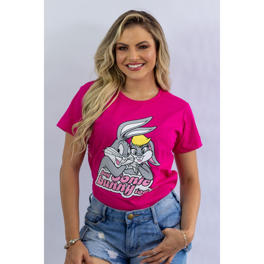 Camiseta feminina T-shirt básica algodão rosa pink em Promoção na