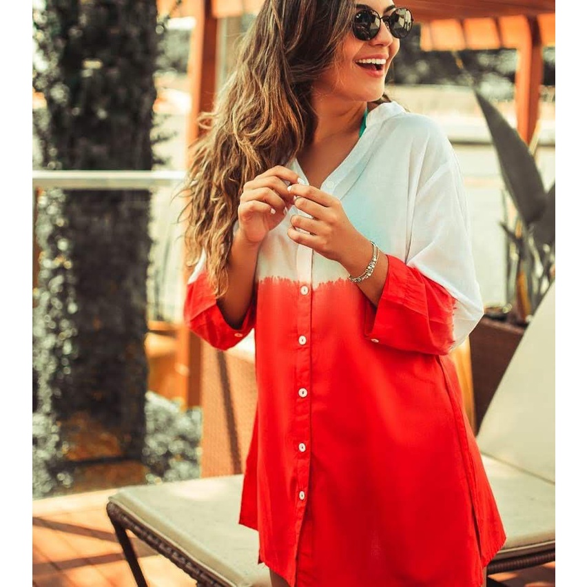 Blusa feminina Saída de Praia Chemise Degradê Vermelho, Azul Claro