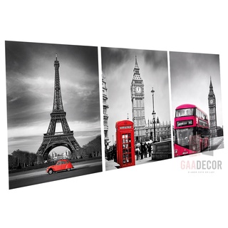 Kit 3 Placas Decorativas Quadrinhos Em Mdf Sala Paris Londres Black&White Vermelho