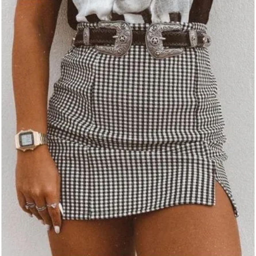 Conjunto xadrez teen feminino top com saia/short pregueado Preto - 1 mais 1