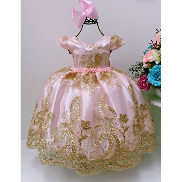 Vestido de festa infantil rosa best sale com dourado