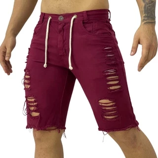 Bermuda Jeans Masculina Destroeyd Sem Lycra Vinho