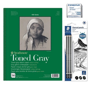 Kit Desenho (Bloco Toned Gray + Kit Lápis Carvão + Esfuminho + Borracha Técnica)