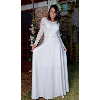Vestido de Noiva Civil Longo com renda floral Sonia Anair