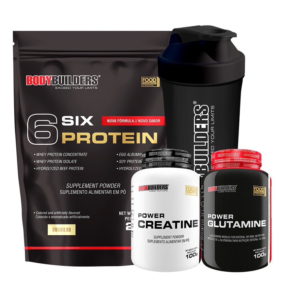 Kit Whey Protein Concentrado 6 Six Protein 2kg + Power Creatina 100g + Power Glutamina 100g + Coqueteleira – Ganho de Massa Muscular Magra e Força Muscular – Bodybuilders