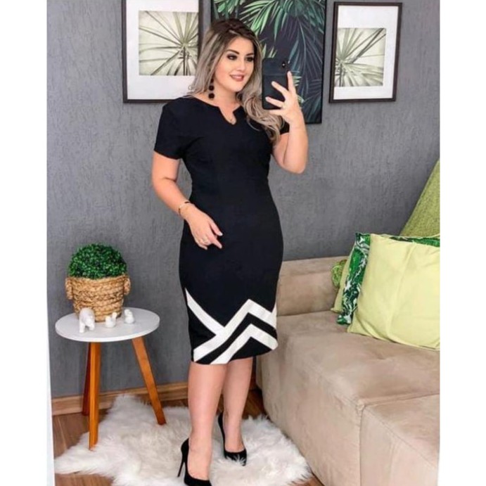 Vestido Moda Evangélica Gospel Tubinho Plus Size Preto Roupa Social Festa  Vestido Casual Midi Secretária Executiva