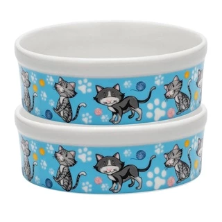 Kit 2 Comedouro Tigela Gatinho Bebedouro Pet Gatinho 600 ml Porcelana Azul Decorado