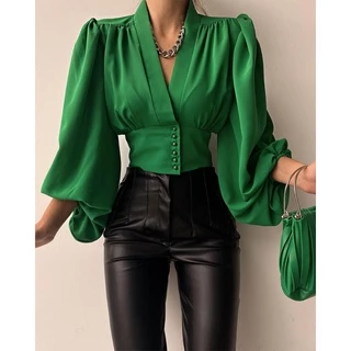 Moda Primavera Outono Mulheres Camisa Lanterna Mangas Compridas Casual Cor Sólida Impresso Botões V Pescoço Blusa Commute High Street Camisas
