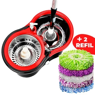 Esfregão Mop Limpeza Giratório Inox Multiuso Fit com Balde E 2 Refil Original Promoção kit