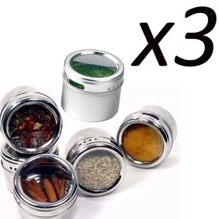 KIT Com 3 Porta Condimento Tempero Aço Inox Magnético Imã Geladeira